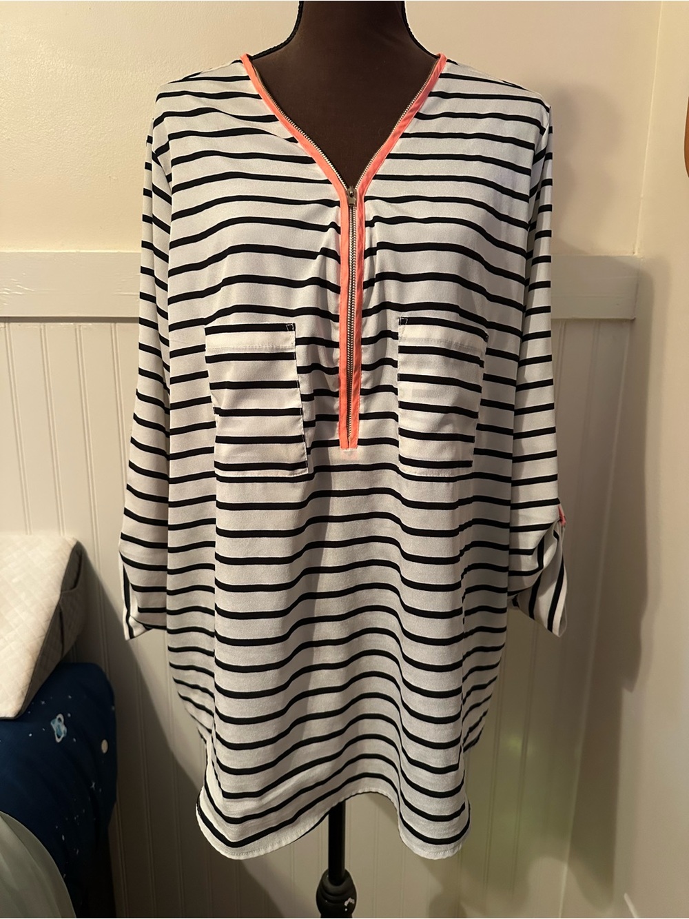 Lavish Black-and-White Striped Tunic with Coral Zip Trim